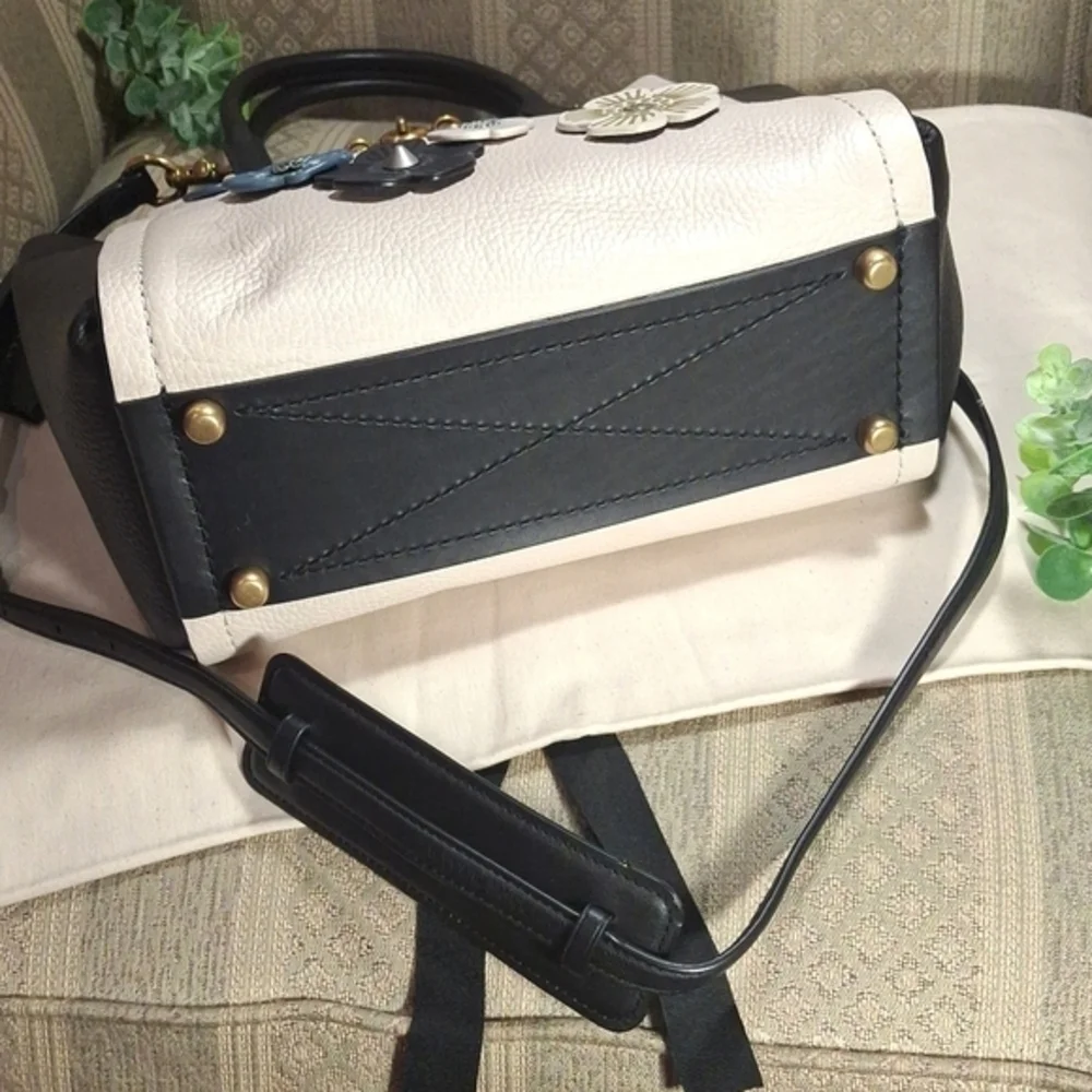 Coach Two-Tone Black and Cream Floral Appliqué Tote